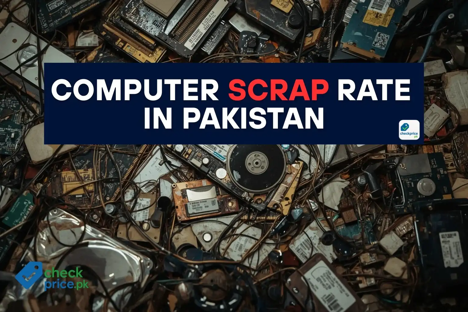 Mixed computer scrap including motherboards, RAM, processors, and hard drives used for updated computer scrap rate in Pakistan.