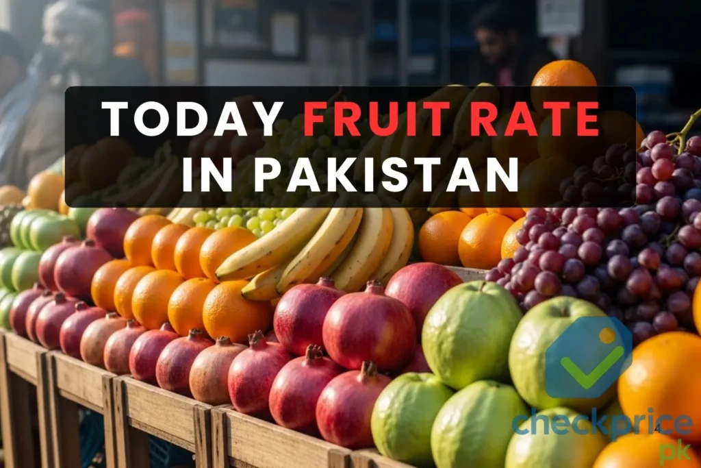 Fresh fruits in a Pakistani mandi showing apples, oranges, bananas and seasonal fruit rates in Pakistan.
